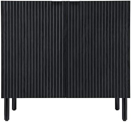 SANGO Merk 2-Door Cabinet, Modern Black Storage Cabinet with Vertical Groove Doors, Adjustable Shelf, Cylindrical Wood Legs, Discreet Metal Finger Pulls, Stylish Furniture for Living or Dining Room