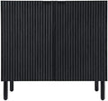 SANGO Merk 2-Door Cabinet, Modern Black Storage Cabinet with Vertical Groove Doors, Adjustable Shelf, Cylindrical Wood Legs, Discreet Metal Finger Pulls, Stylish Furniture for Living or Dining Room