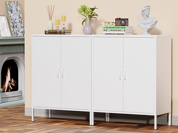 White Metal Storage Cabinet,Metal Locker Storage Cabinet with 2 Doors and Shelves,Kitchen Pantry Cabinet,Modern Storage Freestanding Organizer Rust for Home,Kitchen,Office