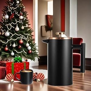 Miuly French Press Coffee Maker, 21Oz Stainless Steel Coffee Press with 3 Level Filtration System, Double Wall Insulated French Press with 4 Filters and 1 Metal Spoon, Black