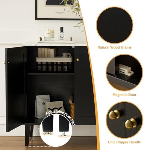 Black Accent Storage Cabinet Modern Freestanding Sideboard Buffet with Faux Marble Top Adjustable Shelves Wood Organizer for Living Room