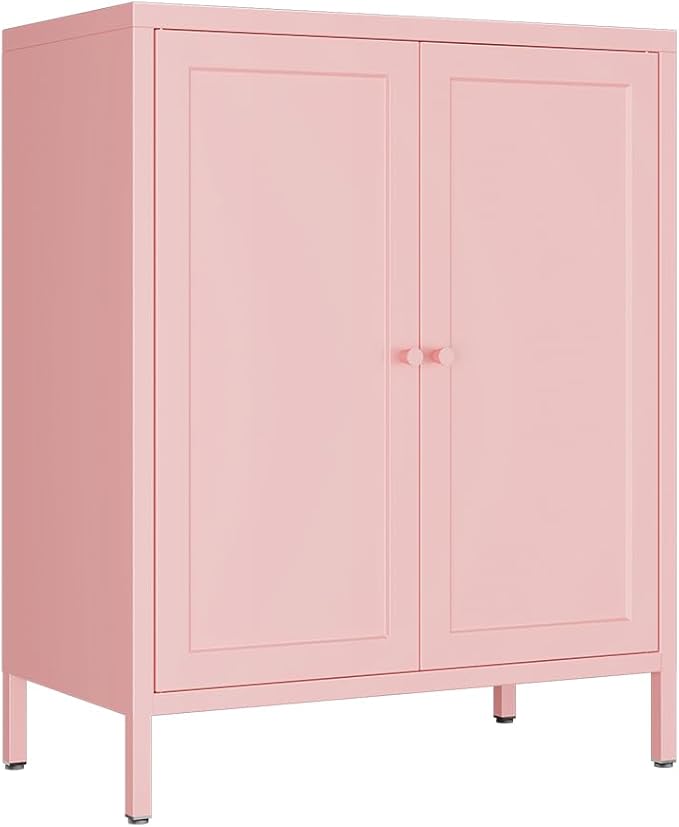 Small 2 Transparent Door Metal Storage Side Buffet Cabinet for Bed Room,Living Room,Entryway,Hallway,Home,Hotel,Office,Garage,Kitchen,1 Removable Shelf. (Square Door, Pink)