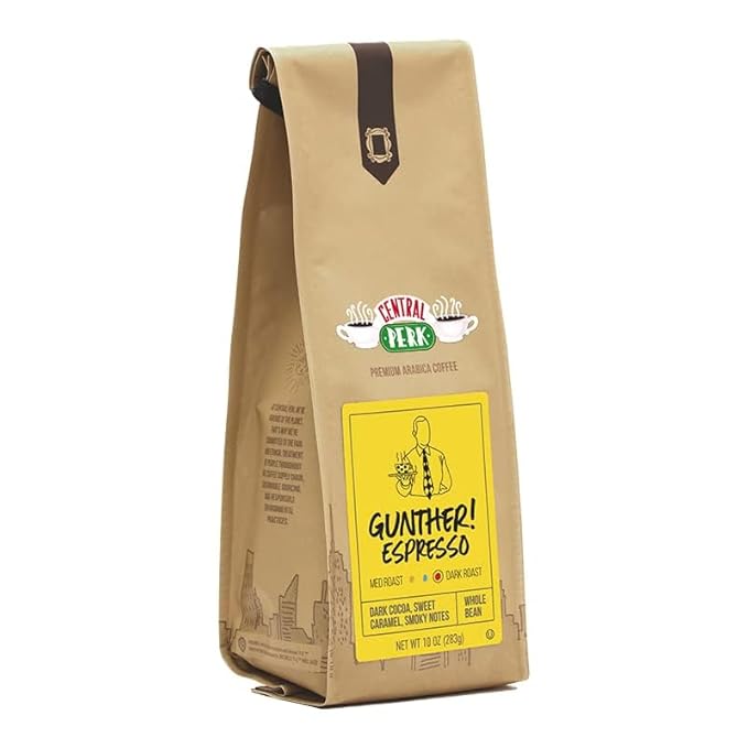 Central Perk Whole Bean Coffee "Gunther Espresso" Blend - Dark Roast, 100% Arabica Coffee Beans with Dark Cocoa, Sweet Caramel, Smoky, Full Body Flavors, 10oz Bag