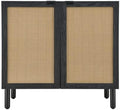 SANGO Orre 2-Door Cabinet, Modern Black Storage Cabinet with Synthetic Rattan Door Panels, Adjustable Shelf, Cylindrical Wood Legs, Discreet Finger Pulls, Elegant Furniture for Living or Dining Room