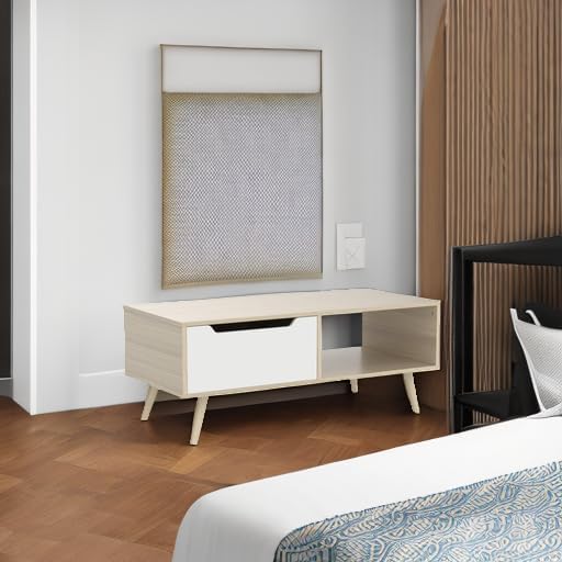 Cozy Castle Modern Wooden Coffee Table with Storage, Minimalist Hallway Mid Century Cocktail Table for Living Room Apartment Reception, Oak