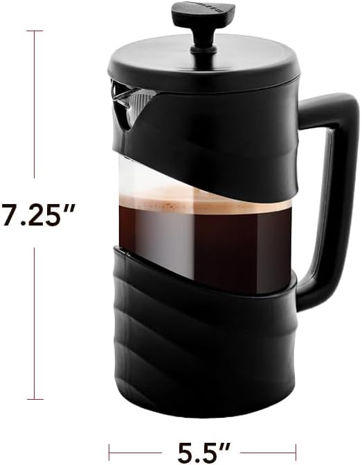 OVENTE French Press Coffee Maker 20 Ounce with Heat Resistant Borosilicate Glass & Stainless Steel 4-Level Filtration System, Portable Cold Brew Coffee Maker for Travel, Camping or Gift, Black FPW20B