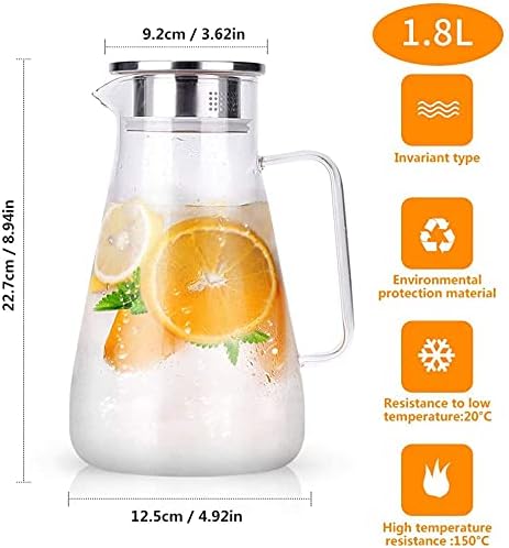 Borosilicate Glass Pitcher with Lid, 1.8L / 60 oz Heat Resistant Glass Water Carafe with Handle for Fridge, Large Iced Tea Pitcher, Juice Jug for Milk, Hot and Cold Beverage