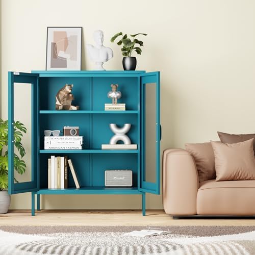 Metal Locker Storage Cabinet with 2 Mesh Doors and Adjustable Shelves,Blue Metal Locker Cabinets,Coffee Bar Cabinet,Kitchen Pantry Storage Cabinets for Home,Sideboard,Office(40" H)