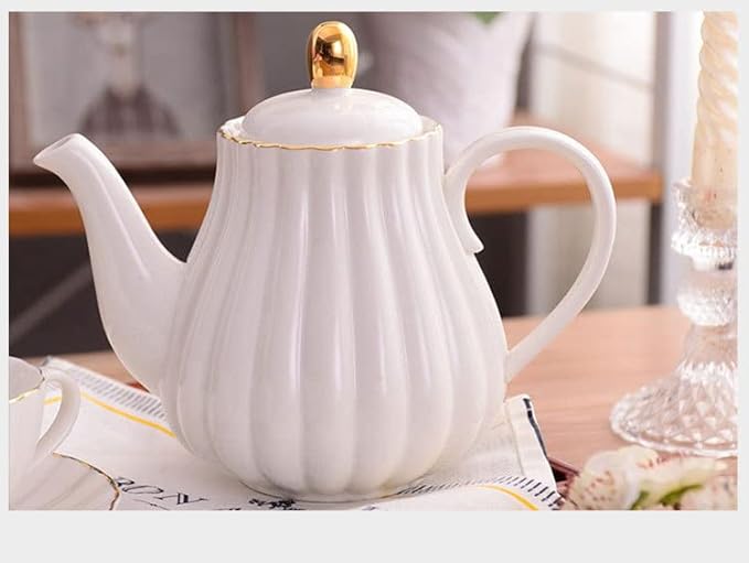 YBK Tech Strengthen Porcelain Teapot, 31oz Coffee Pot Ceramic Teapot- Stripe Design (White)