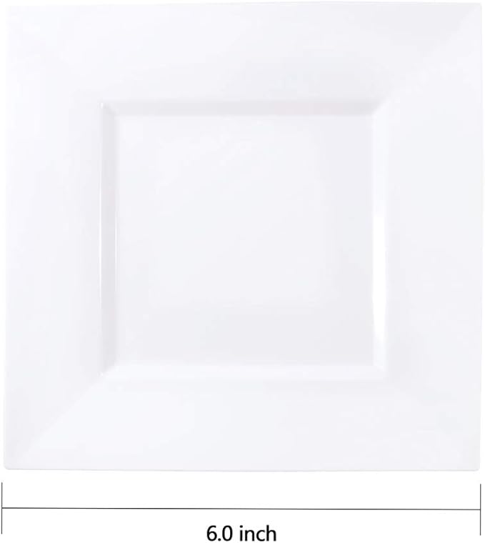 bUCLA 100PCS White Square Plastic Plates-6inch Disposable Cake Plates- Premium Hard Square Small Appetizer Plates for Wedding/Party