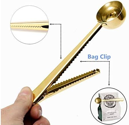 Coffee Scoop with Bag Clip, Stainless Steel Long Handled Tea Spoon Coffee Accessories and Kitchen Utensils 2pcs Set (Gold)