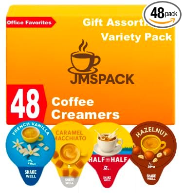 Variety Pack Creamers Liquid Creamer Singles | Gift Assortment Box | Coffee Cream - French Vanilla, Hazelnut, Caramel Macchiato & Half and Half, (Box of 48ct/ 4 Different Flavor), for Home, Office, Coffee, Bar, Gift.