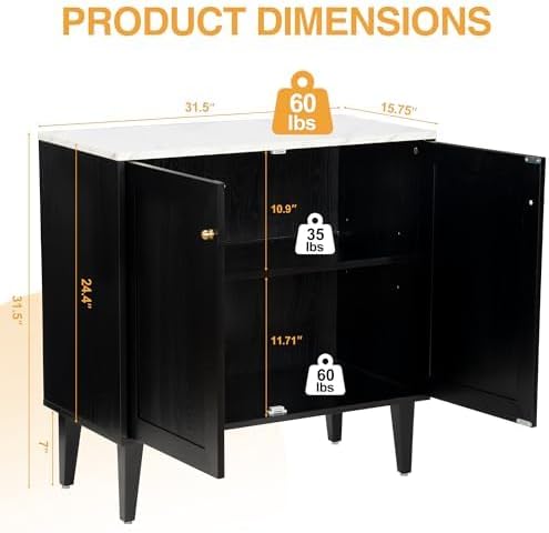 Black Accent Storage Cabinet Modern Freestanding Sideboard Buffet with Faux Marble Top Adjustable Shelves Wood Organizer for Living Room