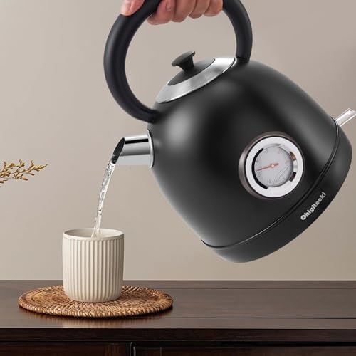 1.7L Electric Kettle, Retro Stainless Steel Water Boiler with Temperature Gauge & Auto Shut-Off, 1200W Fast Boiling Kettle for Home Kitchen Office, Boil-Dry Protection (Matte Black）