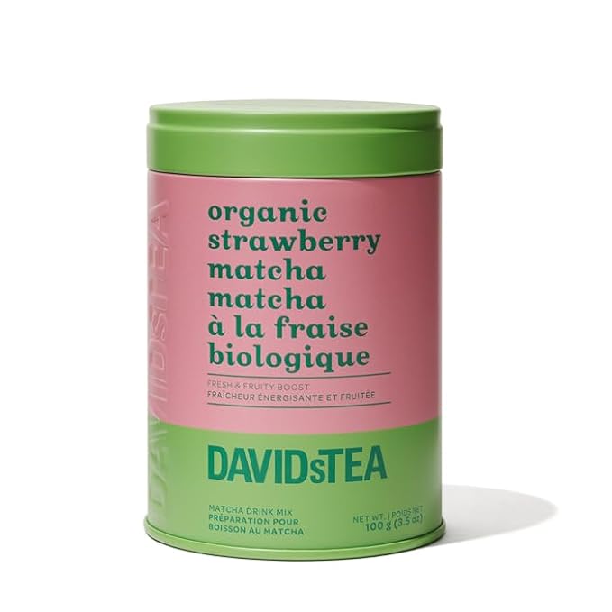 DAVIDsTEA Organic Strawberry Matcha – Green Tea Powder with Refreshing Strawberry Essence – Medium Caffeine – 100g Iconic Tin – A Juicy, Unique Twist on Traditional Matcha for Iced or Hot Drinks