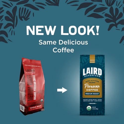 Laird Superfood Peruvian Medium Roast Caffeinated Ground, Ethically Sourced Premium Ground Coffee, Gluten-Free, Dairy-Free, Non-GMO, Paleo, Keto Friendly, 12 oz. Bag