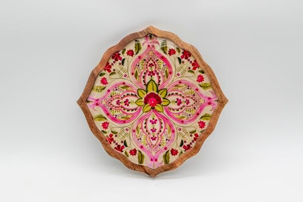Handcrafted Wooden Decorative Platter – Round Floral Design Wooden Serving Tray, Candle Bowl, Dinner Plate, Trinket Tray & Coffee Table Décor 12 inch x 12 inch x 0.75 inch (Diamond Pink)