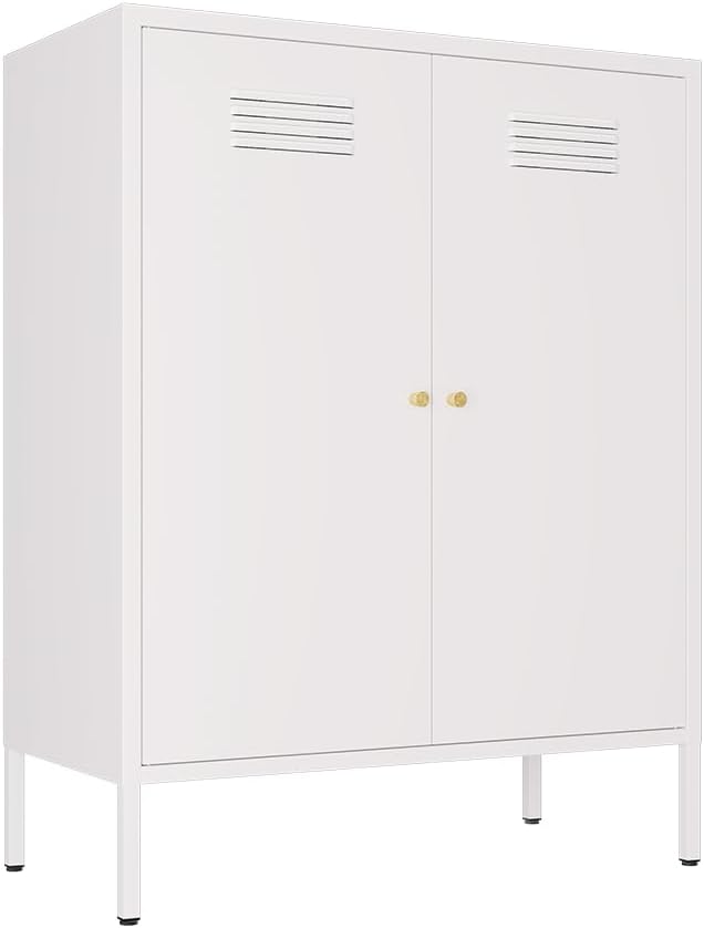 White Metal Storage Cabinet, Kitchen Cupboard with Adjustable Shelves, Side Table Storage with Doors,2 Door Locker Cabinets for Small Home,Office,Kitchen,Dining Room