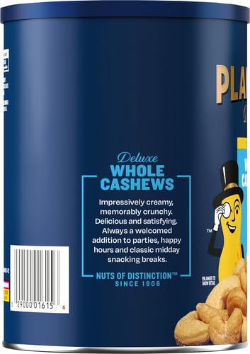 PLANTERS Deluxe Salted Whole Cashews, Party Snacks, Plant-Based Protein, Quick Snack for Adults, After School Snack, Roasted Cashew Flavored with Sea Salt, Bulk Nuts, Kosher, 1 lb 2.25oz Canister