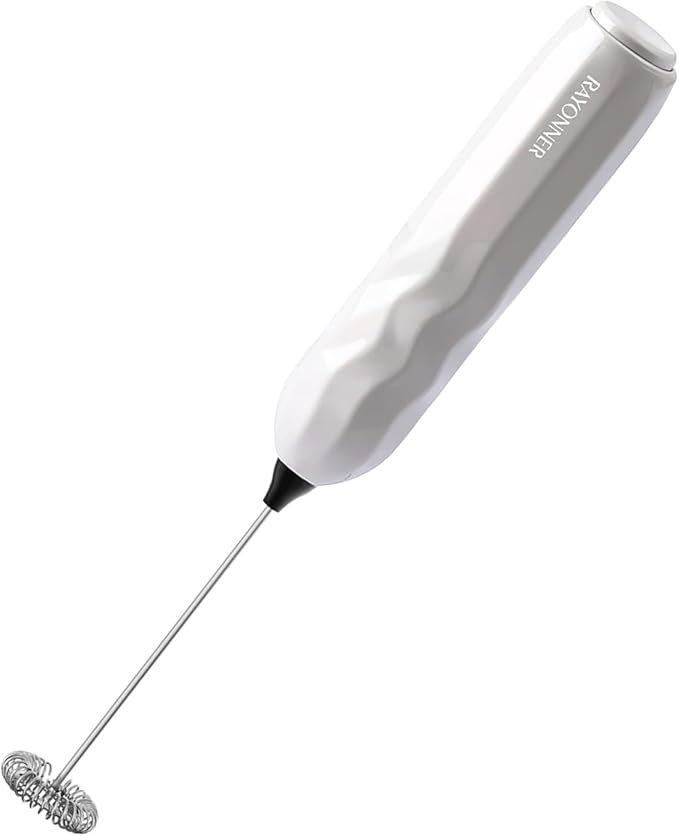 RAYONNER Milk Frother Handheld Fast Powerful Drink Mixer with Stainless Steel Whisk for Coffee, Battery Operated (White)