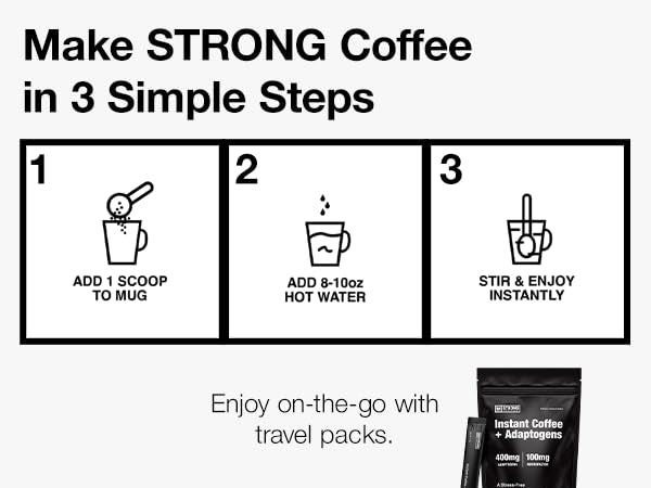 Strong Coffee Co. Instant Black Coffee | Organic Coffee with Nootropics & Adaptogens, NeuroFactor®, L-Theanine, Ashwagandha, Reishi & MCT Oil | No Jitters, No Crash (1, 30 Servings)