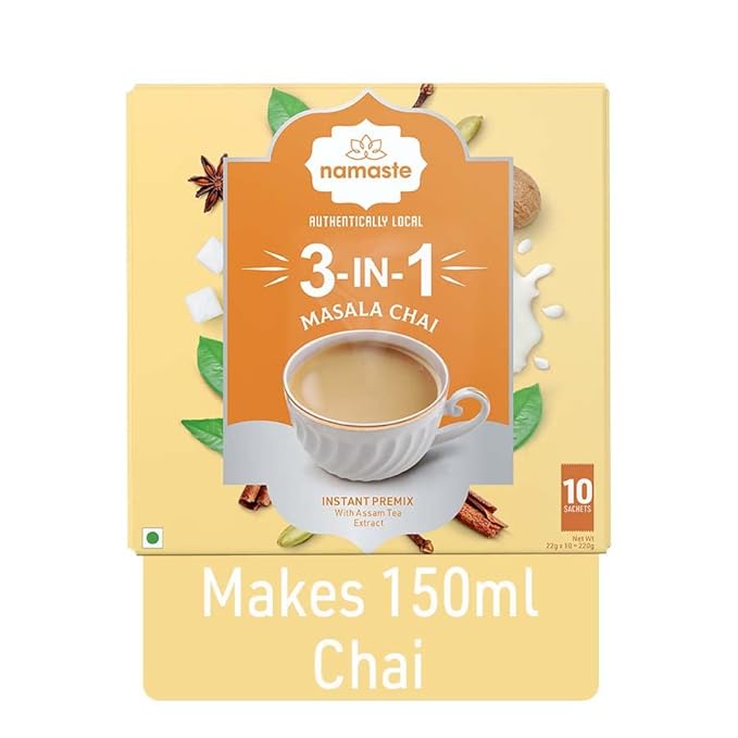 Namaste Chai Masala Chai Premix| Assam Tea Powder With Milk and Sugar | Instant Tea Powder Sachets | 22g x 10 Sachets
