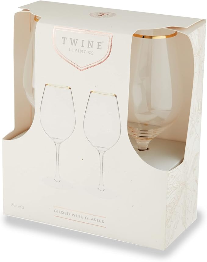 Twine Gilded Stemmed Wine Glasses, Stylish Drinking Glasses with Gold Rim for Red and White Wines, Housewarming, Anniversary, Wedding Gifts, Elegant Home Bar Glassware, Wine Lovers, 14 oz, Set of 2