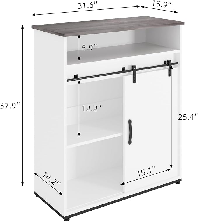 ALBAD Coffee Bar Cabinet/Table, 32" Buffet Sideboard with Sliding Barn Door and Storage Shelves, Farmhouse Wood Kitchen/Accent Storage Cabinet White Walaut