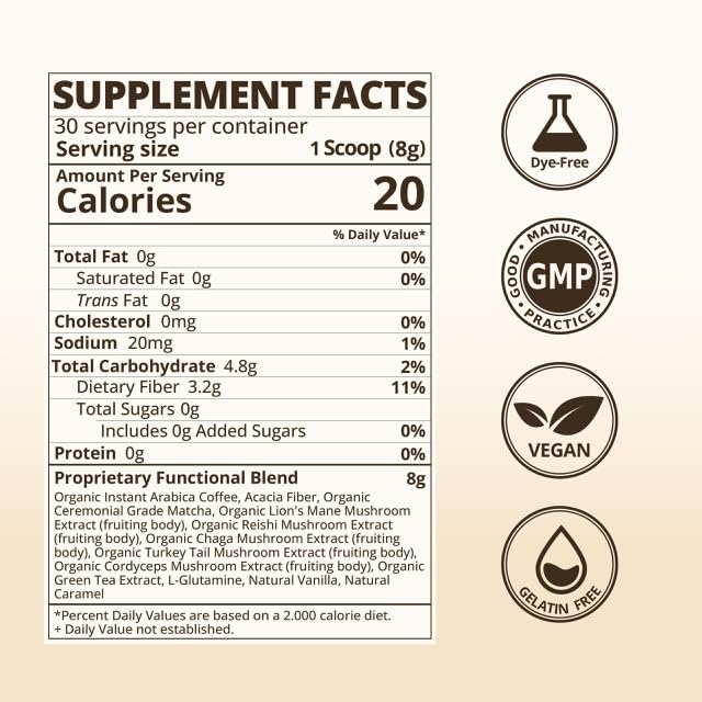 Mushroom Coffee 2800mg – Organic Instant Arabica with Adaptogenic Mushrooms, Prebiotic Acacia Fiber 6400mg, Matcha, L-theanine for Focus, Energy, Digestion & Immune Support (30 servings)