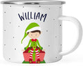 Andaz Press Personalized Name 11oz Kids Christmas Hot Chocolate Stainless Steel Campfire Coffee Mug, Green Boy Xmas Elf Seated, 1-Pack, Custom Birthday Xmas Cup