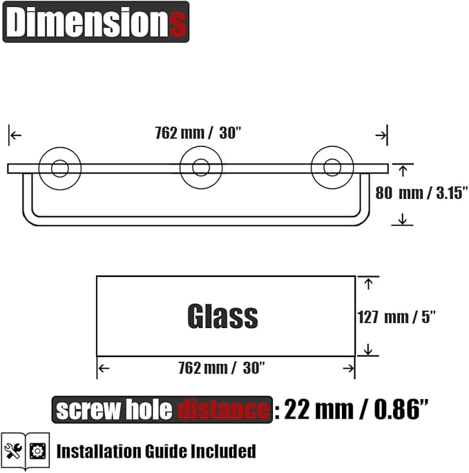 JQK Bathroom Glass Shelf, Shelf with 29 Inch Towel Bar Tempered Glass Shower Storage 30 by 5 inches, 304 Stainless Steel Matte Black Wall Mount, TGS100L30-PB