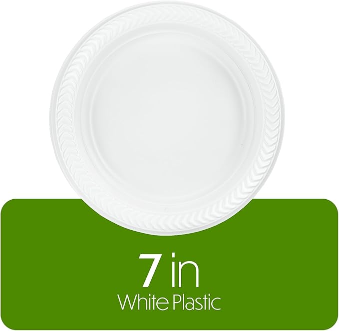 PLASTICPRO 200 PCS White Plastic Round 7 Inch Plates - Premium Quality, Light Weight Disposable Dinner Plates for Parties & Weddings