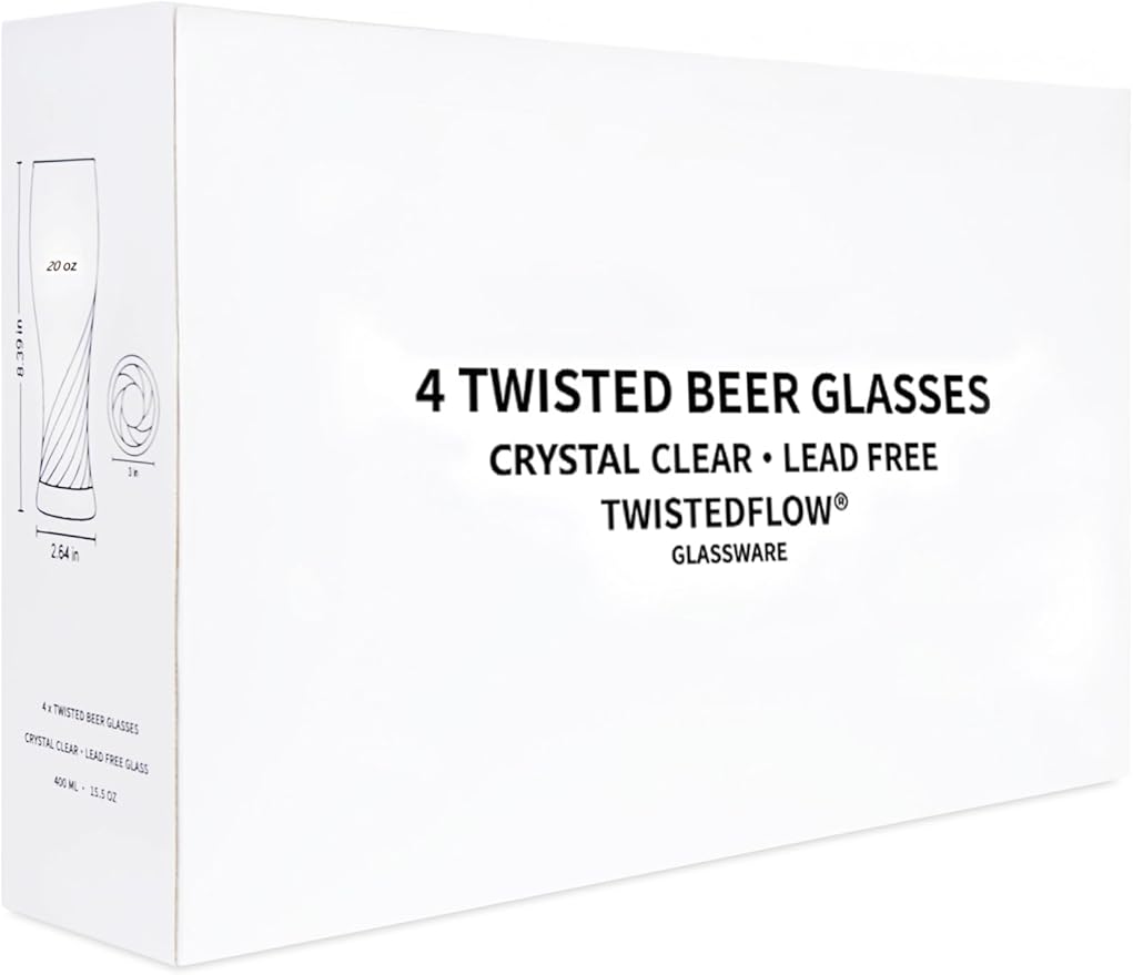 Twistedflow Beer Glasses Set of 4 | 20 Oz, Crystal glass, Advanced Twisted Design, Premium gift box, Lead-Free