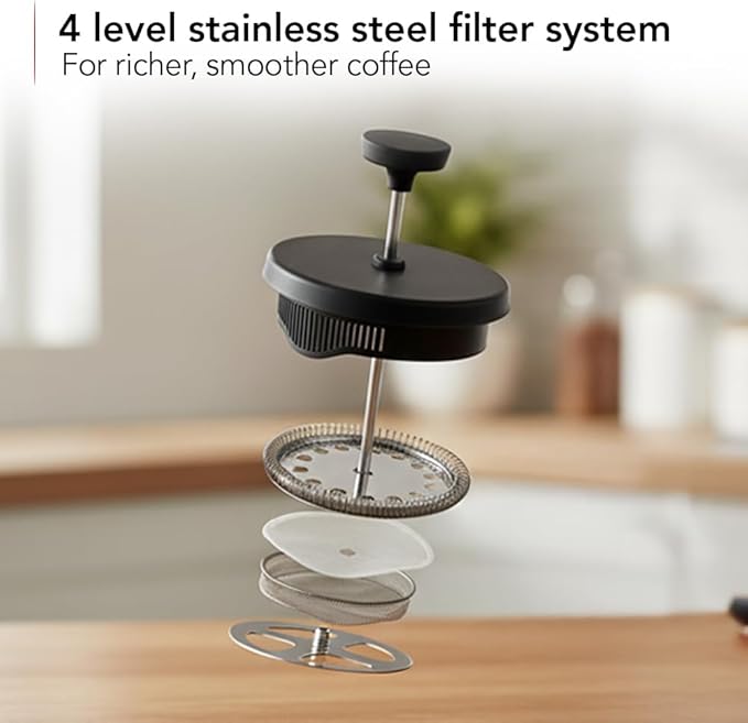 OVENTE French Press Coffee Maker 20 Ounce with Heat Resistant Borosilicate Glass & Stainless Steel 4-Level Filtration System, Portable Cold Brew Coffee Maker for Travel, Camping or Gift, Black FPW20B