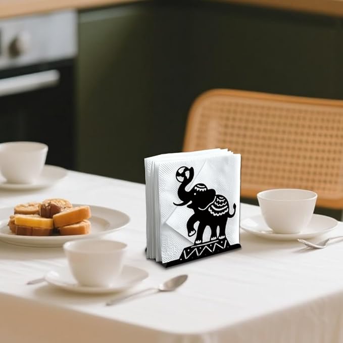 Circus Elephants Decorative Black Metal Napkin Holder for Table, 5.3" x 4.9" x 1.9" Animal Standing Napkin Holder for Home Kitchen Restaurant Picnic Party Coffee Bar Dining Room