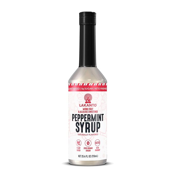 Lakanto Peppermint Simple Syrup - Perfect for Coffee, Tea, Lattes, Smoothies, Cocktails, Holiday Drinks, Baking, Monk Fruit Sweetener with Allulose Zero Sugar, Keto Diabetic Friendly (25.4 Fl Oz)