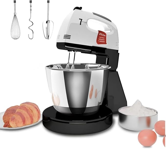 Stand Mixers, 7 Speeds With 3QT Stainless Steel Bowl, Stand and Hand Mixer with Dough Hook, Whisk, Mixing Beater for Baking, Cake, Cookie, Kneading (GU2)