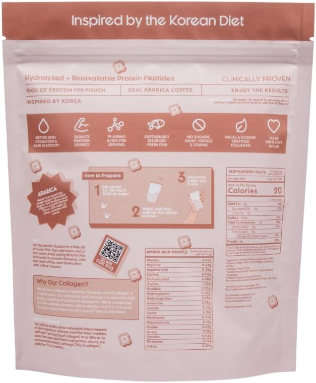 Crushed Tonic Marine Collagen with Instant Coffee - for Skin, Hair & Health - Hair & Nail Care Beauty Supplement - Halal & Kosher Protein Peptides (Pouch, Colombian Arabica Coffee)