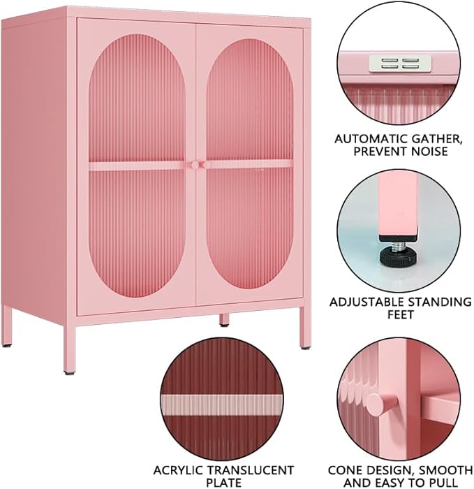 Small 2 Transparent Door Metal Storage Side Buffet Cabinet for Bed Room,Living Room,Entryway,Hallway,Home,Hotel,Office,Garage,Kitchen,1 Removable Shelf. (Transparent Door, Pink)