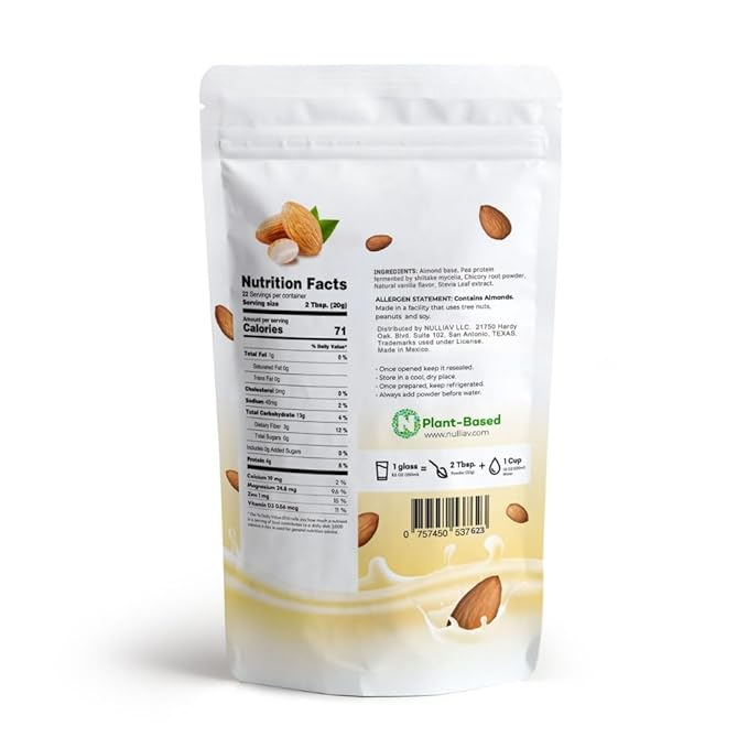 NULLIAV | Almond Milk Powder Vanilla - High Protein Blend with Prebiotic Fiber powder For Gut Health and Digestion - Vegan Plant Based Dairy Free Formula For Lactose Intolerance - 15.5oz Bag Portable Convenient