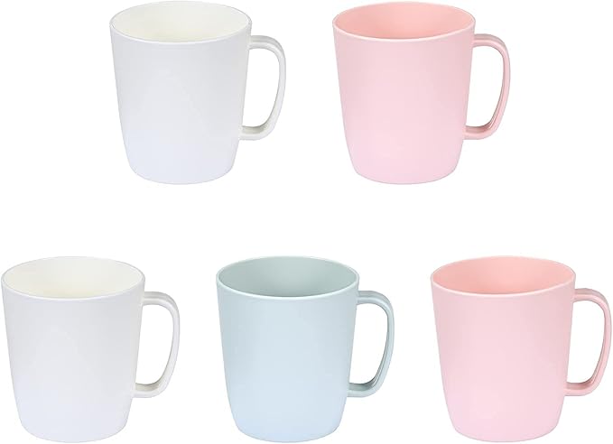 Coffee Mugs Set of 5, 10 Ounce Unbreakable Plastic Cups With Handle, 3 Basic Colors, Dishwasher Safe