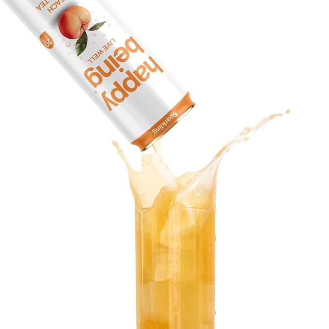 Happy Being Sparkling Nutrient-Rich Organic Blueberry & Peach Rose White Tea Infused with Turmeric, Elderberry, Vitamin D3, Caffeine Free, Plant-Based, Low Calorie & Low Sugar Drinks, 16 Pack