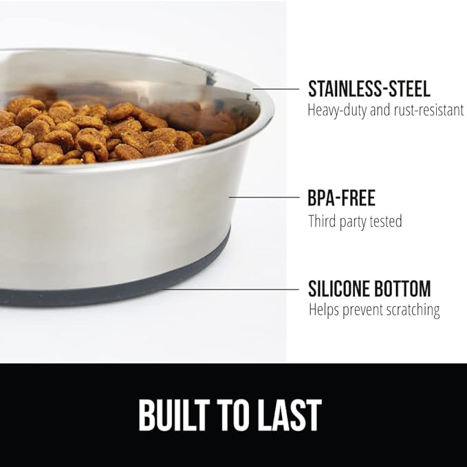 GORILLA GRIP Dog Bowl, Holds 6 Cups (48 fl oz), Heavy Duty Metal Food and Water Bowl for Feeding Dogs and Cats, Easy Clean, Dishwasher Safe, Rust Resistant Stainless Steel, BPA Free Rubber Base, Gray