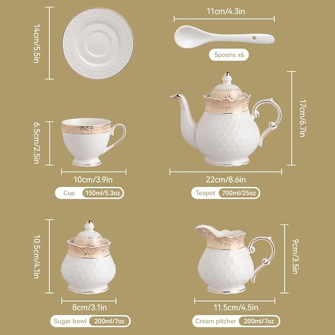 Sweejar 21 Pieces Porcelain Tea Set, Vintage Floral Gold Trimmed Teapot Cup and Saucer Set, Tea Cup for Loose Tea, Sugar Bowl and Creamer Pitcher with Spoons, Service for 6(Retro Flower)