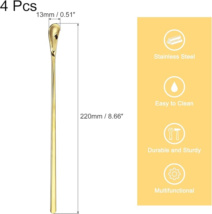 uxcell 4Pcs Stainless Steel Mixing Spoon 8.7 Inch Cocktail Stirrer Bar Spoon Drink Stirring Spoon with Long Handle for Bar Cocktail Ice Tea, Gold
