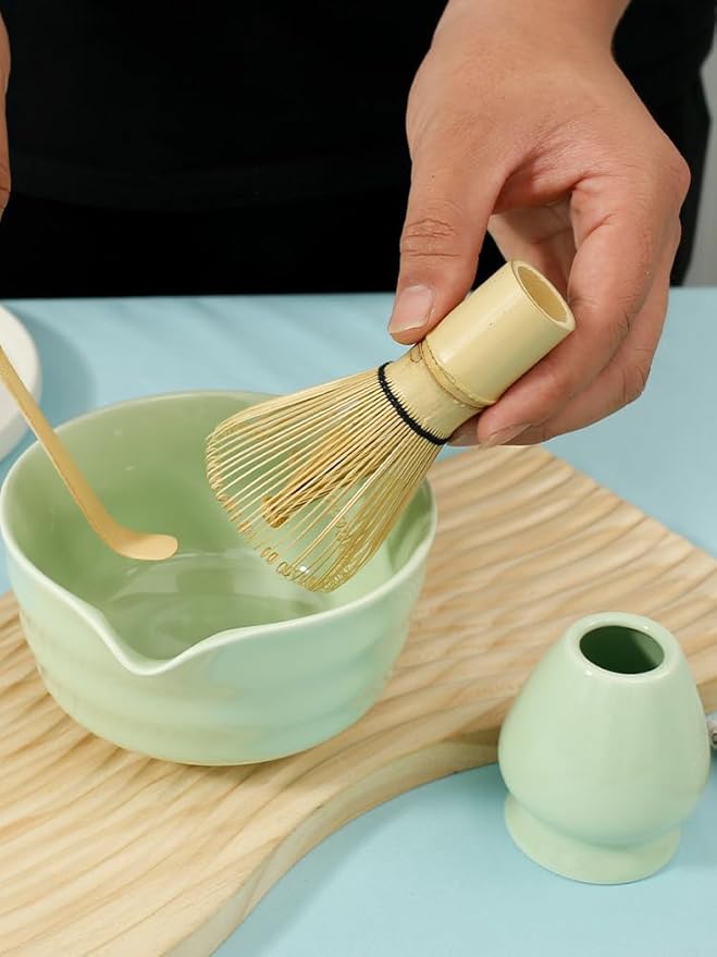 Matcha Whisk Set, 4 Pcs Matcha Set Includes Ceramic Matcha Bowl with Spout, Matcha Whisk Holder, Bamboo Matcha Whisk and Scoop - Green Matcha Tea Set, Cute Matcha Kit Set for Matcha Lovers