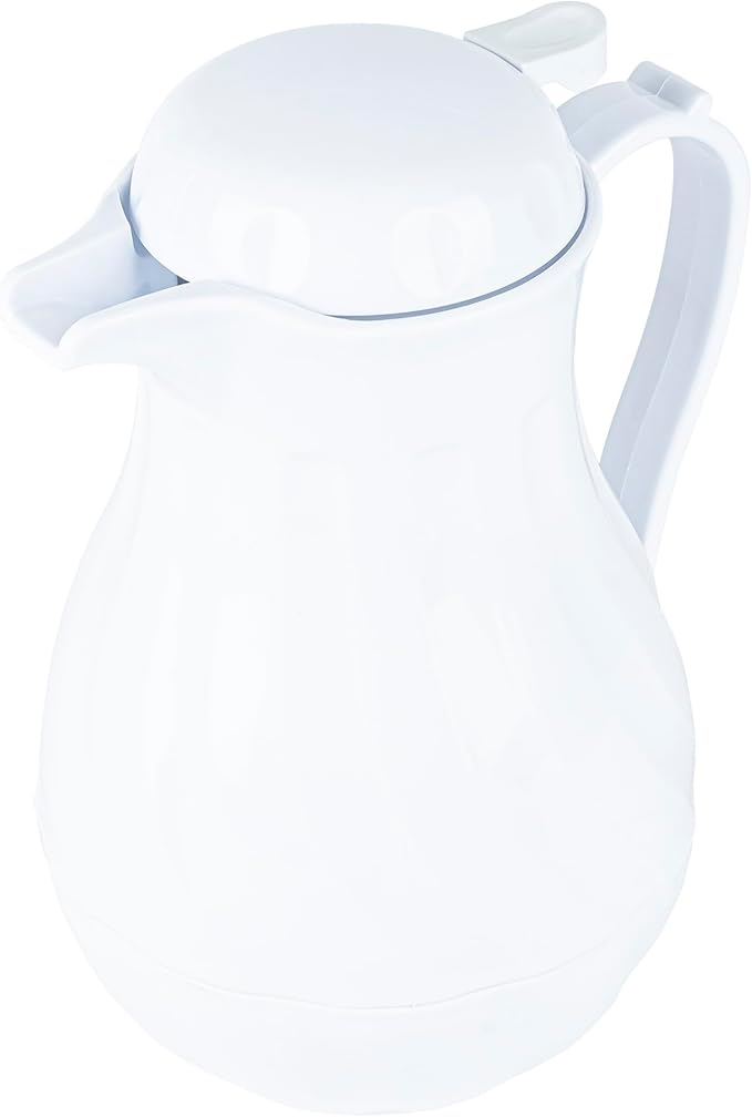 Restaurantware-Restpresso 64 Ounce Coffee Carafe, 1 Insulated Coffee Server - Push-Button Top, Swirl Design, White Plastic Pitcher, Built-In Handle, With Identification Tags