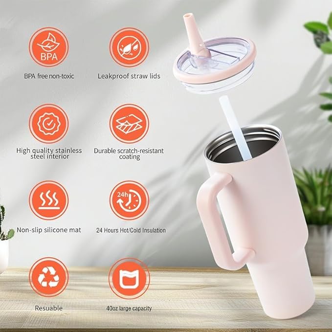40 oz Insulated Tumbler with Handle,Flip Straw,Lid & Rubber Base Stainless Steel Water Bottle - Leak Proof Vacuum Insulated Mug BPA Free Reusable Travel Cup Gifts for Women/Men (rose quartz1)