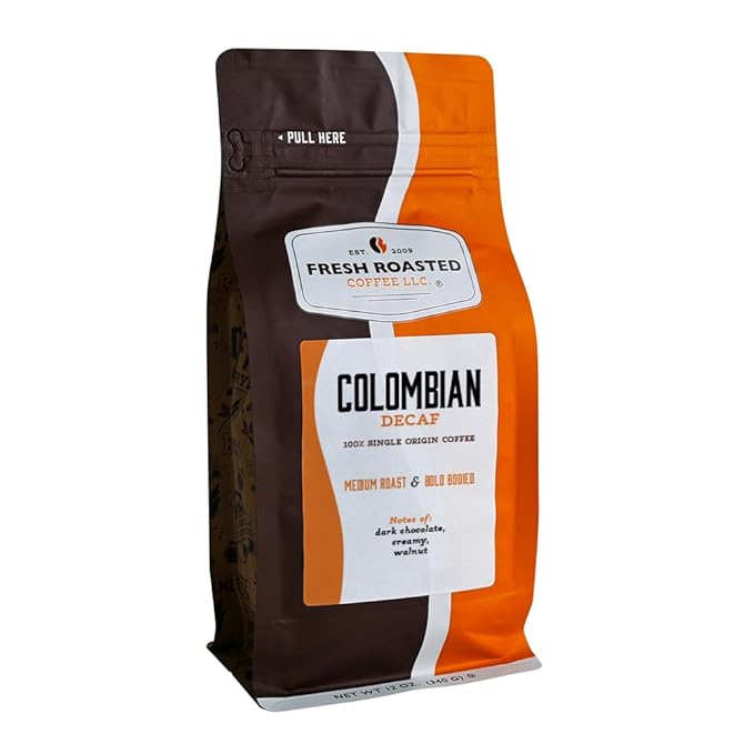 Fresh Roasted Coffee, 100% Colombian Decaf, 12 oz, Medium Roast, Kosher, EA Natural Decaf, Whole Bean