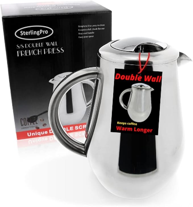 Stainless Steel French Press Coffee Maker Large 1 L (34 oz) with 2 Extra Filters Silver – Double Walled Insulated Coffee Press Keeps Drinks Hot, Easy to Use, Stylish Design for Rich Flavor